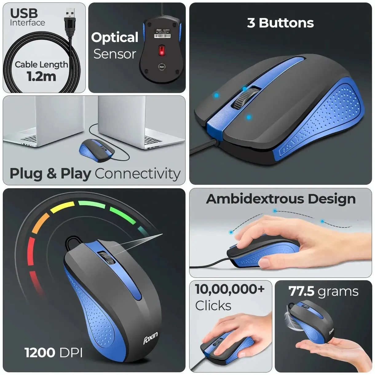 Foxin USB Mouse Blue (Glance) view 3